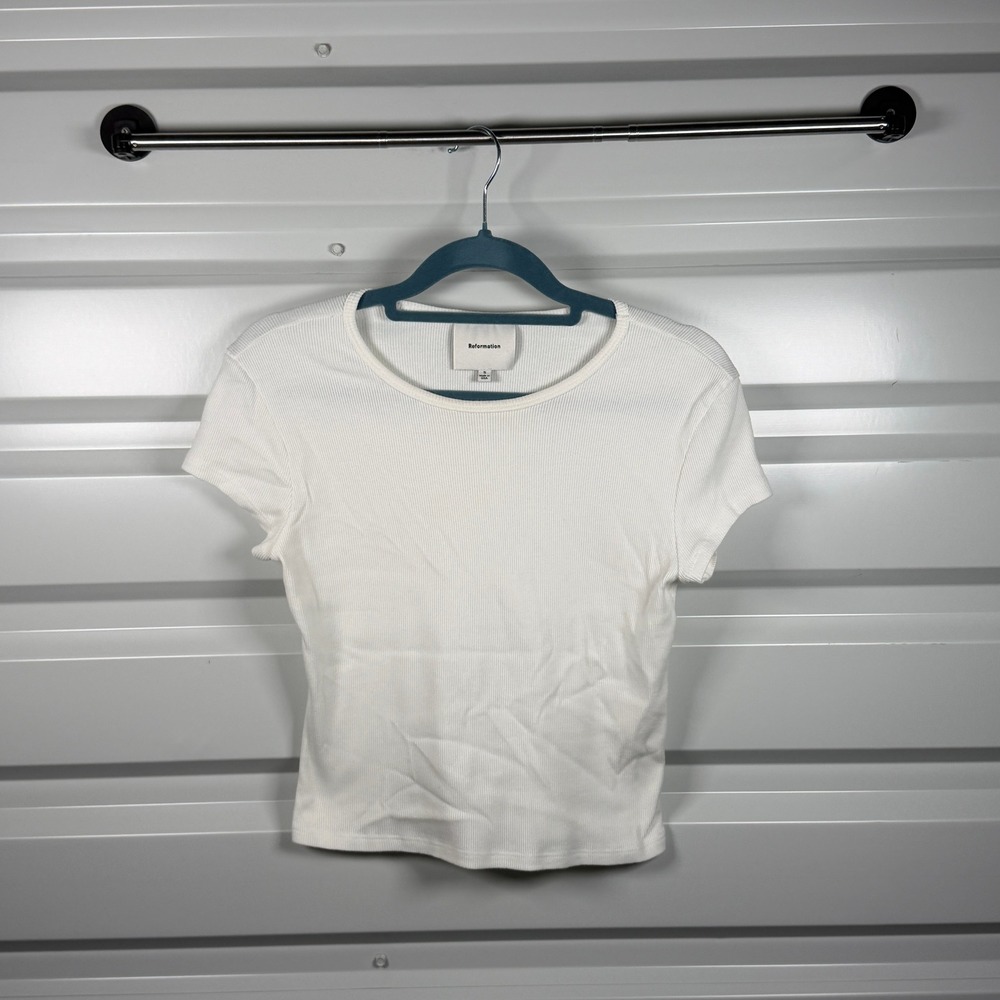 Reformation White Ribbed Baby Tee Short Sleeve Crew Neck Top Small Made in USA